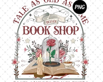 Librería retro de Bella PNG, Sublimación de La Bella y la Bestia (Descarga digital)