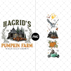 Peut inclure: Graphique numérique avec le texte "Hagrid's Pumpkin Farm", une cabane, des citrouilles et d'autres illustrations. Comprend une créature volante, des citrouilles et une moto side-car.