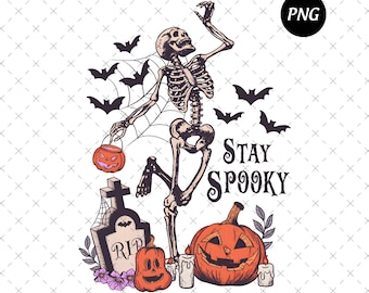 Retro Halloween Skeleton PNG, Spooky Season Clipart (Digital Download)