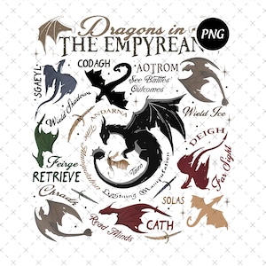May include: A circular graphic featuring dragon silhouettes in grey, black, brown, and burgundy. Text includes "Dragons in the Empyrean," dragon names, and phrases like "Wield Shadows" and "Read Minds."