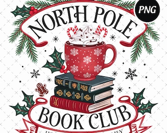 Noordpoolboekenclub png, leesgrage kerstontwerp, gezellige boekenliefhebber png, digitaal bestand feestelijke vakantie, kerstcadeau kunst