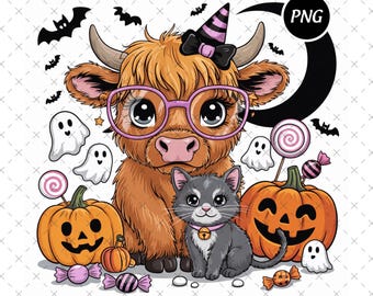 Halloween Highland Cow PNG: Retro Ghost, Pumpkin Design (Digital Download