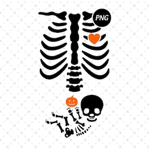 May include: Black and white skeleton graphic with an orange heart and pumpkin. The skeleton has a rib cage, spine, and skull. The pumpkin has a carved face. The image is a PNG file.