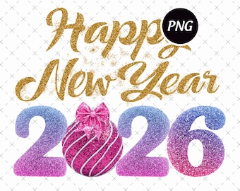 May include: A festive graphic for the New Year, featuring the words "Happy New Year" in gold glitter. The year "2026" is displayed in a gradient of purple and blue glitter, with a pink ornament and bow.