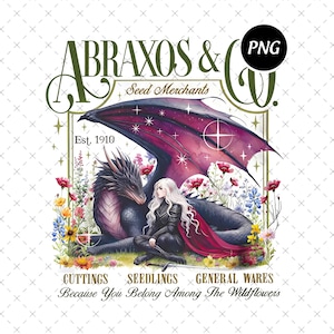 Puede incluir: Ilustración en acuarela de un dragón y una mujer entre flores silvestres. El dragón tiene escamas oscuras y un ala roja. La mujer tiene pelo largo blanco y una capa roja. Texto: "ABRAXOS & Co. Seed Merchants" y "Est. 1910".