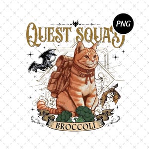 Może przedstawiać: Cyfrowa ilustracja pomarańczowego kota pręgowanego z plecakiem, z napisem "QUEST SQUAD" powyżej. Kot siedzi przed brokułami i banerem z napisem "BROCCOLI". Na obrazku znajdują się również dwa smoki.