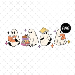 May include: A whimsical illustration features four cartoon ghosts with books. The ghosts are in various poses, reading, and surrounded by stars. The books are in shades of orange, purple, and yellow. The image has a PNG label.