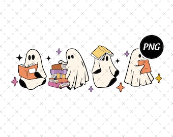 Ghosts Reading Books PNG, Halloween Retro Clipart (Digital Download)