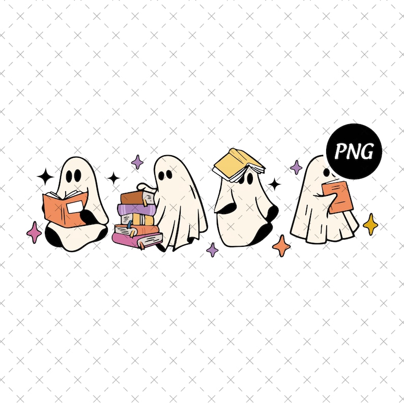 May include: A whimsical illustration features four cartoon ghosts with books. The ghosts are in various poses, reading, and surrounded by stars. The books are in shades of orange, purple, and yellow. The image has a PNG label.