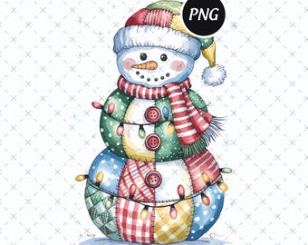 Christmas Patchwork Snowman PNG, Holiday Digital Download