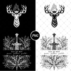 May include: Black and white digital art featuring a stag with a crown and flames, and a sword surrounded by leaves. The text "YOU DO NOT fear falter yield" is also present. The image is labeled "PNG".
