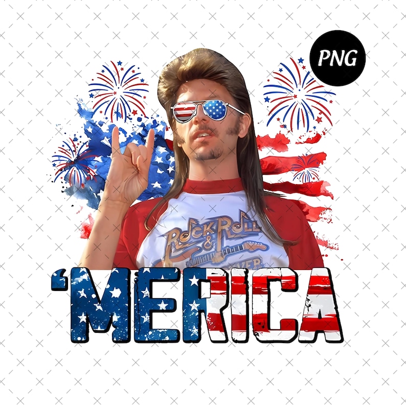 K&ouml;nnte beinhalten: Grafikdesign mit einem Mann, der eine Sonnenbrille im Design der amerikanischen Flagge, ein rot-wei&szlig;es Baseball-Shirt und eine Vokuhila-Frisur tr&auml;gt. Das Wort "'MERICA" wird in einer patriotischen Schriftart mit Feuerwerk und einer amerikanischen Flagge im Hintergrund angezeigt.