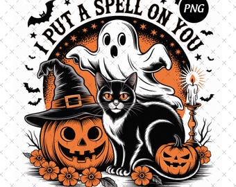 Retro Halloween Png, Ghost, Pumpkin, Black Cat (Digital Download)