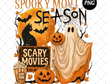 Spooky Season Halloween Movie Png, Ghosts Black Cats Pumpkins Png, Scary Horror Digital Download
