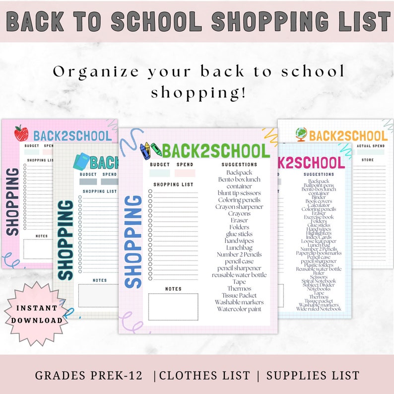Back to School Shopping List Bundle School Supply List School Checklist Back to School