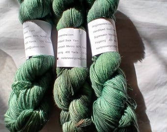 Hand Dyed Dark Green Yarn: 80/20 SW Merino Nylon, 400 yards