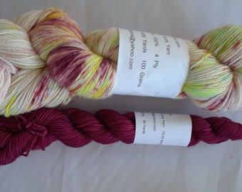 Hand dyed yarn set for with a solid toe and heel. merino/ nylon yarn