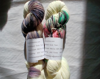 Hand-Painted Sock Yarn: Super wash Merino Nylon Fingering Weight 100g