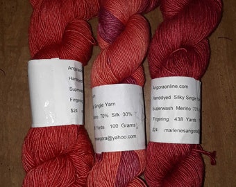 Hand Dyed Merino Silk Yarn, single ply, fingering, 438 yards