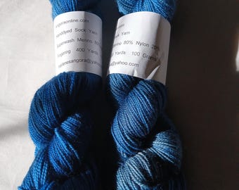 Hand Dyed Fingering - 2 PLY - 80/20 SW Merino Nylon Sapphire Blue Yarn