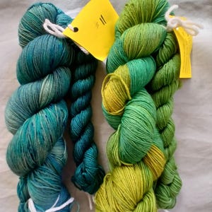 May include: Two skeins of yarn, one teal and green, the other green and yellow. The skeins are tied with white string and have yellow tags with black writing.