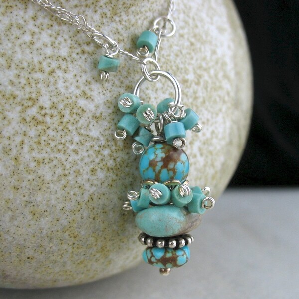 Number 8 Turquoise Cluster Necklace, Number 8 Turquoise Jewelry, Rare Stone Necklace, Blue Stone Jewelry, Cluster Jewelry, Blue Pendant