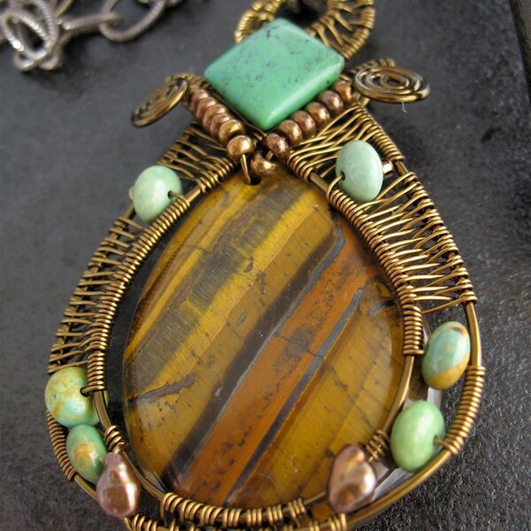 Brown, Blue-Green Stones, Wire Wrapped Pendant Necklace, Darkened Brass