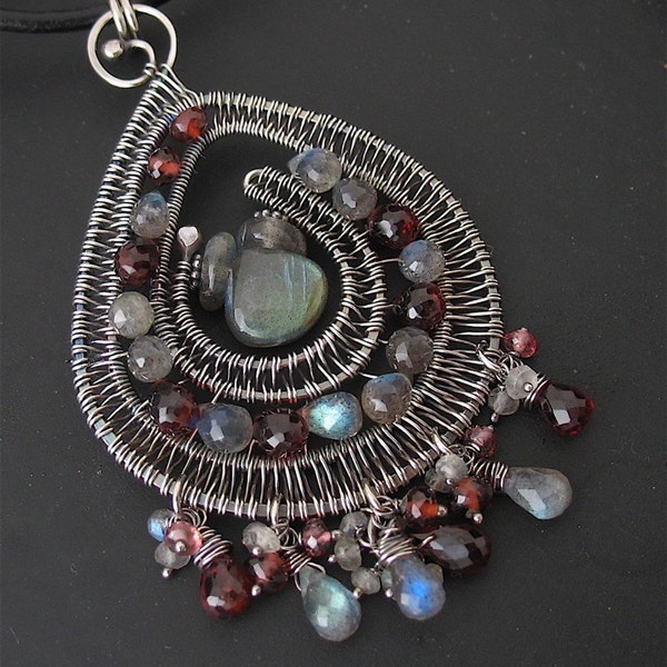 Red, Gray, Sterling Silver Wire Wrapped Gemstone Pendant - Labradorite, Garnets