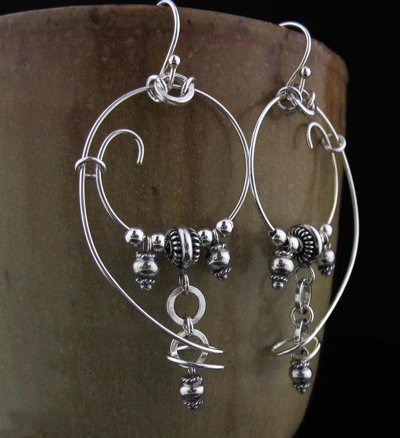 Big Bold Artisan Hoop and Loop Long Dangle Silver Wire Earrings