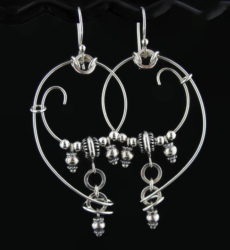 Big Bold Artisan Hoop and Loop Long Dangle Silver Wire Earrings