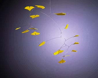 Modern Hanging Mobile Art Yellow Gingko Lightweight Kinetic Sculpture Serenity Mobiles