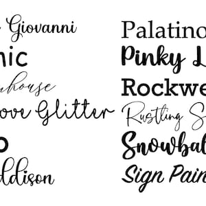 May include: A white background displays a collection of font names in various styles. The fonts include "Baby Giovanni", "Comic", "Farmhouse", "I Love Glitter", "Lato", "Maddison", "Palatino", "Pinky Latte", "Rockwell", "Rustling Sound", "Snowball", and "Sign Painter".