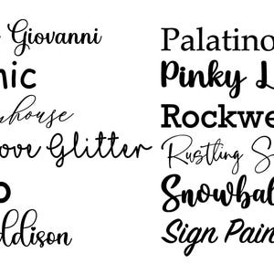 May include: A white background displays a collection of text in various fonts. The text includes words like "Baby Giovanni," "Comic," "Farmhouse," "I Love Glitter," "Lato," "Maddison," "Palatino," "Pinky Latte," "Rockwell," "Rustling Sound," "Snowball," and "Sign Painter."