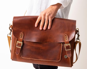 Handmade Leather Messenger Bag, Rustic Crossbody Laptop Briefcase
