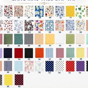 May include: A grid of eighty-six fabric swatches featuring various patterns including floral, gingham, polka dot, striped, and solid colors. Each square is numbered from 01 to 86, displaying a diverse range of designs and color palettes.
