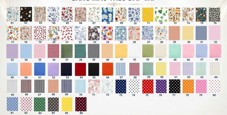 May include: A grid of eighty-six fabric swatches featuring various patterns including floral, gingham, polka dot, striped, and solid colors. Each square is numbered from 01 to 86, displaying a diverse range of designs and color palettes.
