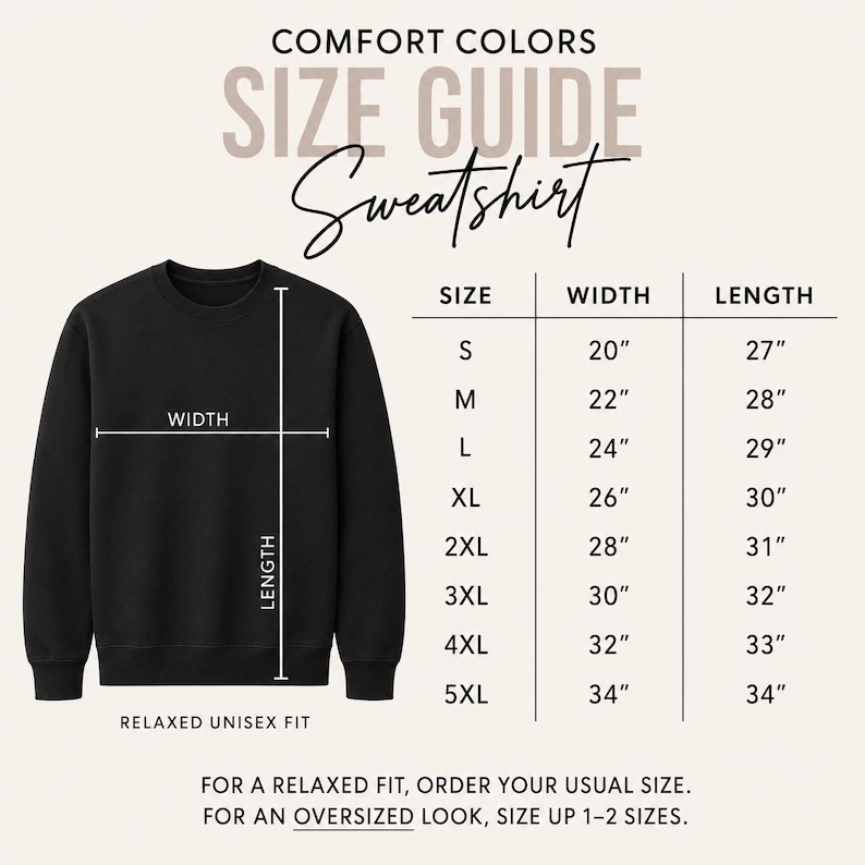 May include: A black sweatshirt size guide featuring a Comfort Colors logo, a diagram of a sweatshirt with width and length lines, and a table listing sizes S through 5XL with corresponding measurements in inches. Text includes sizing advice.