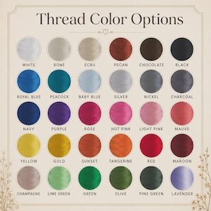 May include: A color chart titled Thread Color Options featuring thirty circular swatches arranged in a grid. Each circle displays a distinct thread color labeled with names including white, bone, ecru, pecan, chocolate, black, blue, and green shades.