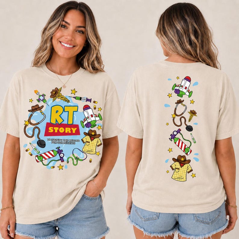 May include: A beige short-sleeve t-shirt featuring a graphic print. The front displays the text RT STORY with medical and space-themed icons. The back shows a vertical arrangement of a space toy, stethoscope, oxygen tank, and shirt.