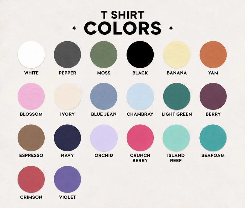 May include: A color chart titled T SHIRT COLORS featuring twenty-three circular swatches labeled with names including White, Pepper, Moss, Black, Banana, Yam, Blossom, Ivory, Blue Jean, Chambray, Light Green, Berry, Espresso, Navy, Orchid, Crunch Berry, Island Reef, Seafoam, Crimson, and Violet.