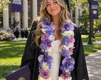 Étole de remise des diplômes personnalisée faite main rose violet audacieux mélange de perles, collier de fleurs en ruban et tissu, ceinture de diplômé personnalisée, cadeau de remise des diplômes unique