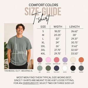 May include: Comfort Colors size guide for a t-shirt featuring a table with width and length measurements in inches for sizes S to 4XL. Includes a visual of a person wearing a grey t-shirt and a color palette with labels: Berry, Blossom, Watermelon, Orchid, Ivory, Yam, Bay, Moss, True Navy, White, Black, and Pepper.