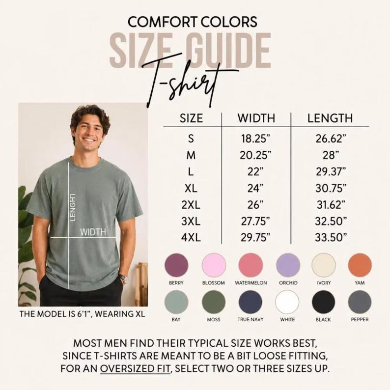 May include: Comfort Colors size guide for a t-shirt featuring a table with width and length measurements in inches for sizes S to 4XL. Includes a visual of a person wearing a grey t-shirt and a color palette with labels: Berry, Blossom, Watermelon, Orchid, Ivory, Yam, Bay, Moss, True Navy, White, Black, and Pepper.