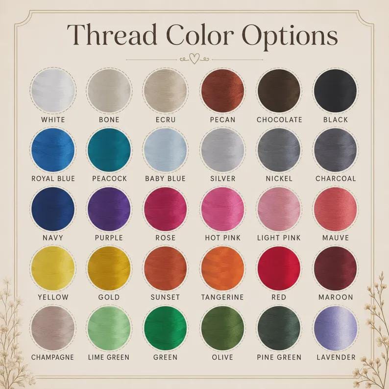 May include: A color chart titled Thread Color Options featuring thirty circular swatches arranged in a grid. Each circle displays a distinct thread color labeled with names including white, bone, ecru, pecan, chocolate, black, blue, and green shades.