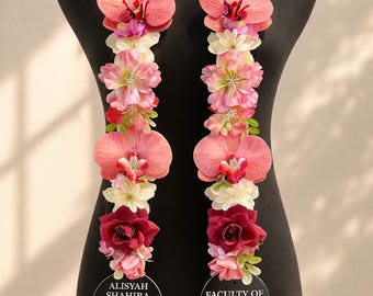 Custom Handmade Pastel Floral Mix Pearl Graduation Stole, Ribbon & Fabric Flower Lei, Custom Grad Sash, Unique Graduation Gift