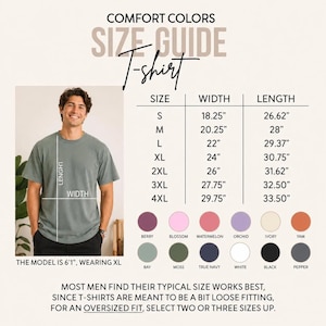 May include: A Comfort Colors size guide for a t-shirt featuring a table with width and length measurements in inches for sizes S through 4XL. The chart includes a color palette with labels like Berry, Blossom, Watermelon, Orchid, Ivory, Yam, Bay, Moss, True Navy, White, Black, and Pepper.