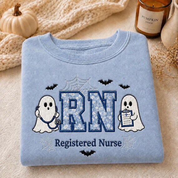 RN Halloween Hoodie, Registered Nurse Sweatshirt, Cute Ghost Medical Pullover, Spooky Fall Nurse Top, Faux Embroidery Shirt, Boo Crew