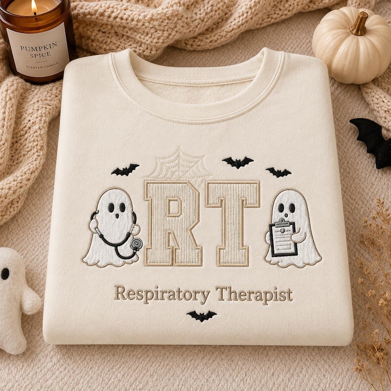 May include: A cream-colored crewneck sweatshirt featuring embroidered designs including two white ghosts, one holding a stethoscope and the other a clipboard, the letters RT, a spiderweb, bats, and the text Respiratory Therapist.