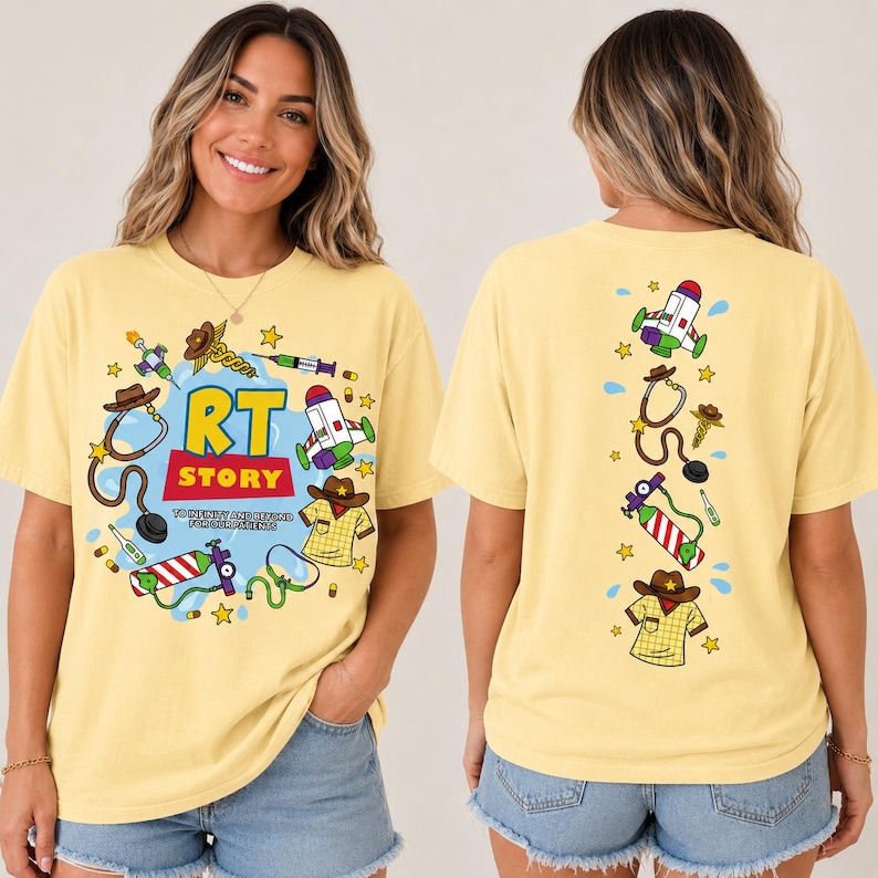 May include: A pale yellow t-shirt featuring a graphic print. The front displays the text RT STORY with medical and space-themed icons like a stethoscope, oxygen tank, and cowboy hat. The back shows a vertical arrangement of these same icons.