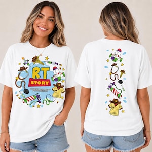 May include: A white t-shirt featuring a graphic print with the text RT STORY TO INFINITY AND BEYOND FOR OUR PATIENTS. The design includes illustrations of a stethoscope, cowboy hat, rocket, oxygen tank, and medical tools in vibrant colors.